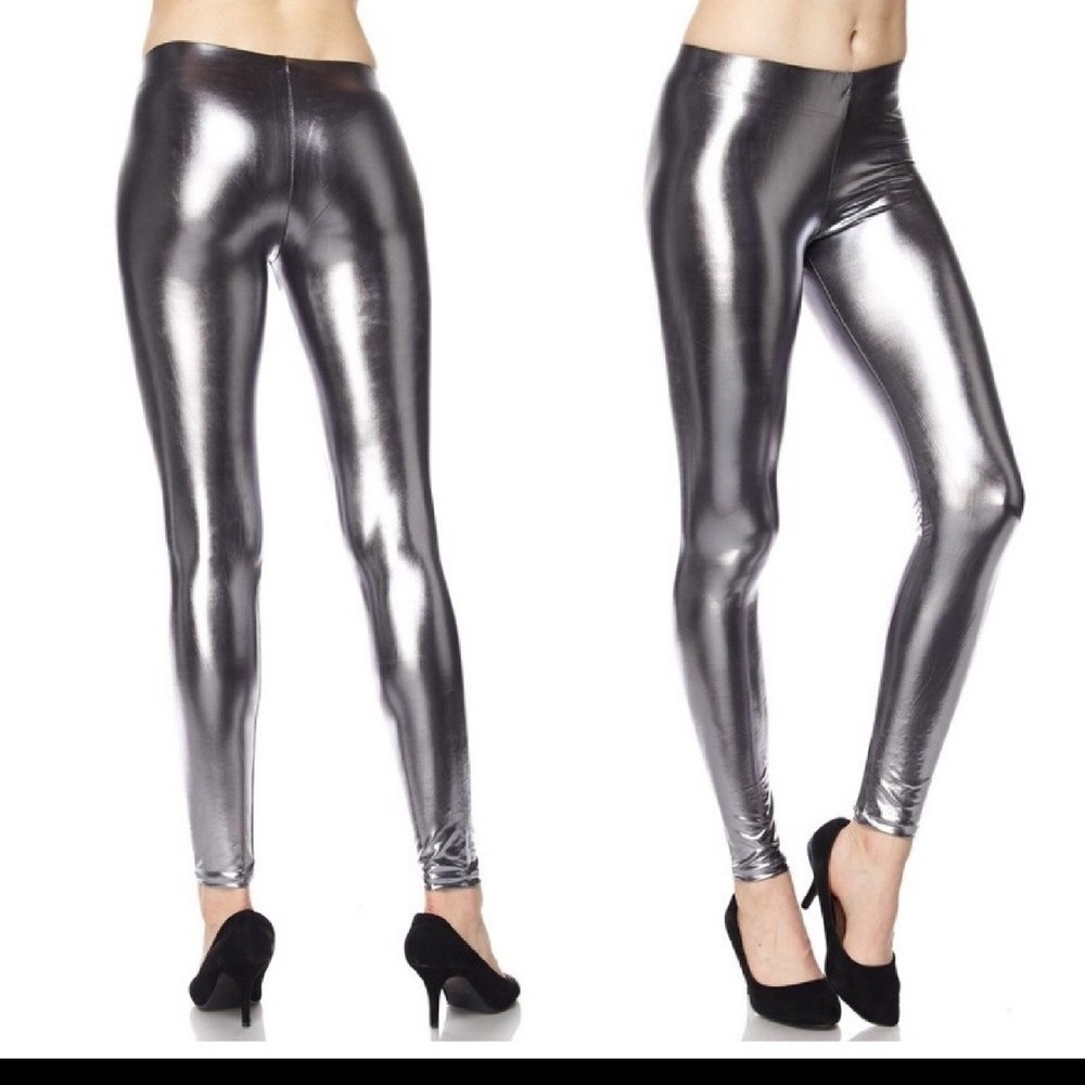 LEATHER LIQUID SILVER LEGGINGS - Picture 3 of 5